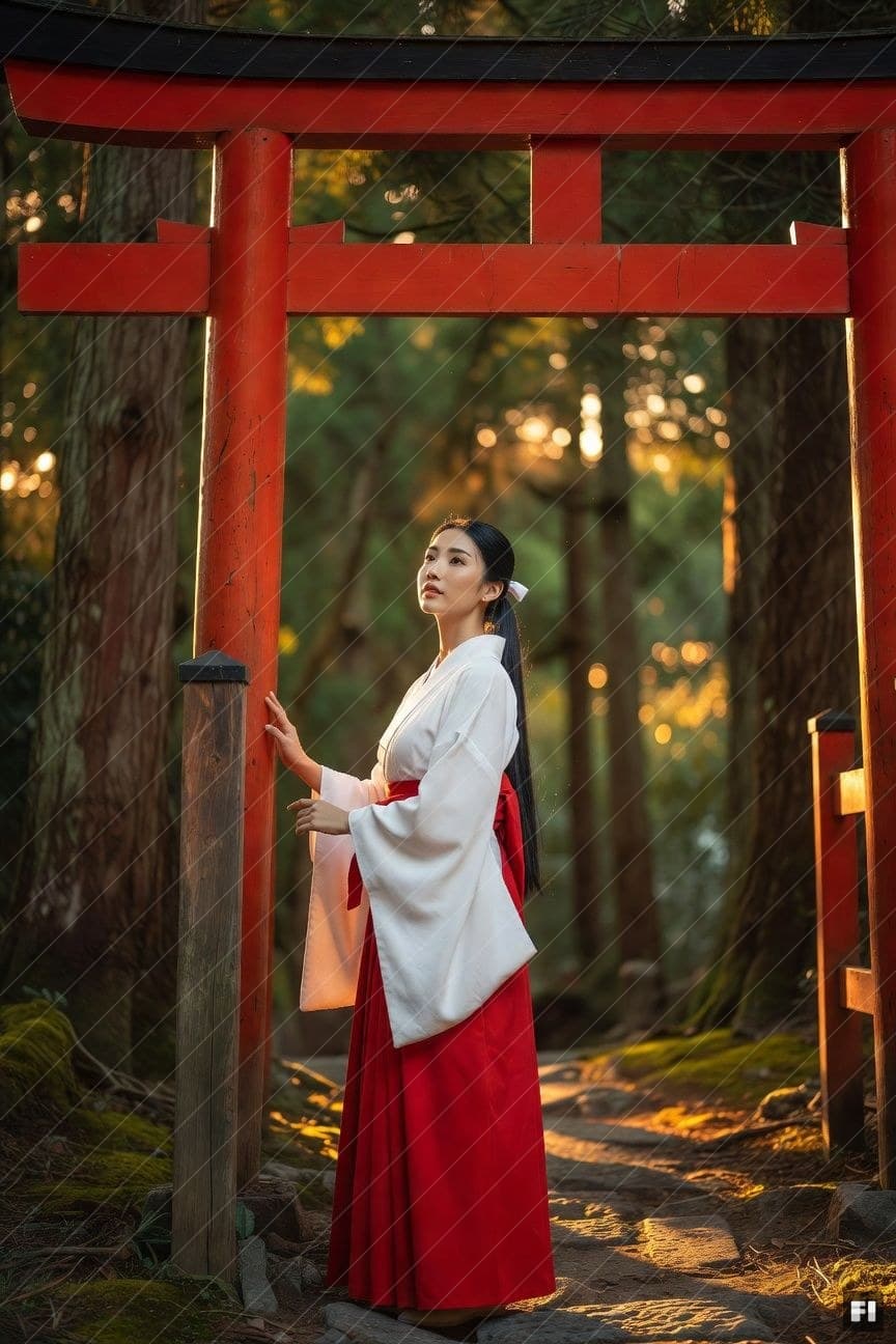 Shrine Maiden at Torii Gate — Golden Hour
